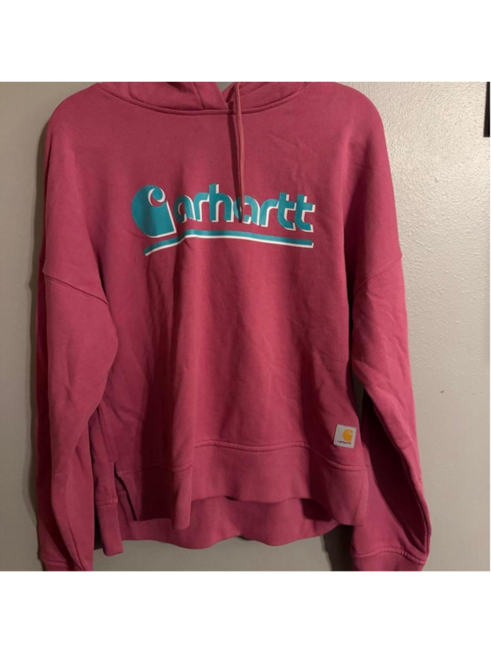NWT Carhartt Woodrose pink graphic hoodie with bold teal + white retro logo